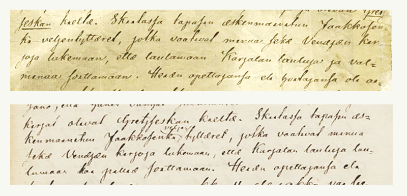 Abb.: Elias Lönnrot, Brief an J. F. Cajan, 01.01.1837. Konzept und Reinschrift, pilliä und valminaa unterstrichen. Quelle: Elias Lönnrotin kirjeenvaihto. Online-Edition. SKS/SLS. Entnommen aus: Benjamin Schweitzer: Musikinstrumentenbezeichnungen im Finnischen: Historisch-systematischer Überblick, Varianten und Verstetigung. MA-Arbeit, Greifswald 2019.