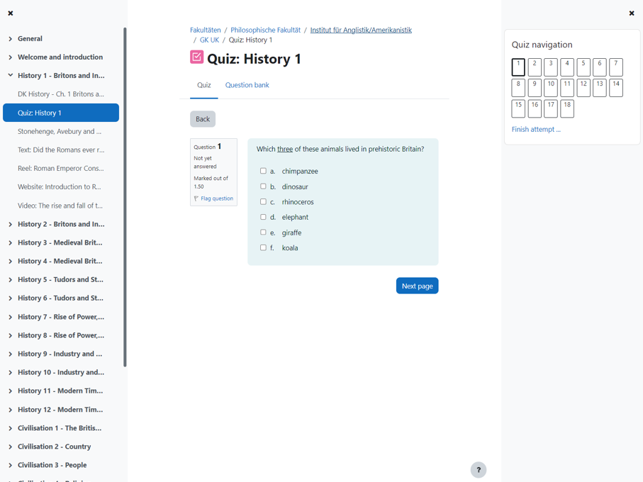 Integration von Tests in den Moodle-Kurs "Grundkurs United Kingdom"