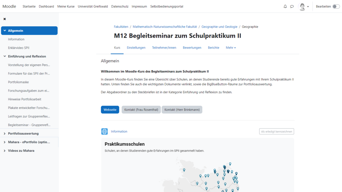 Screenshot des Moodle-Kurses "M12 Begleitseminar zum Schulpraktikum II"