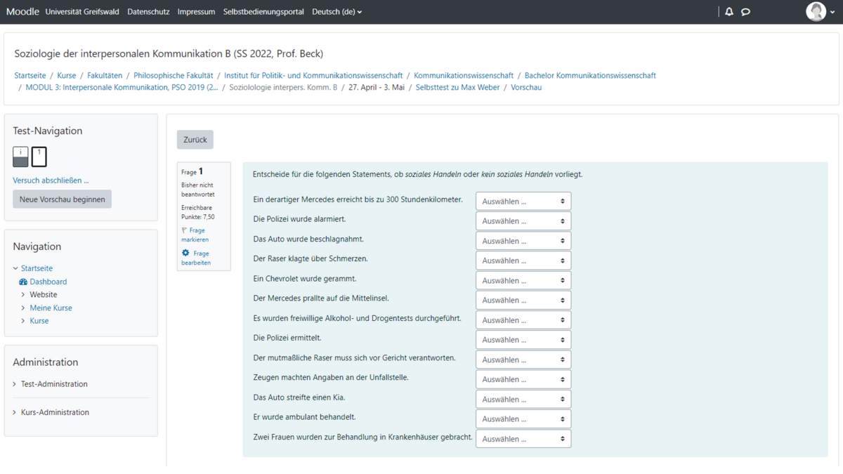 Screenshot eines Selbsttests in Moodle