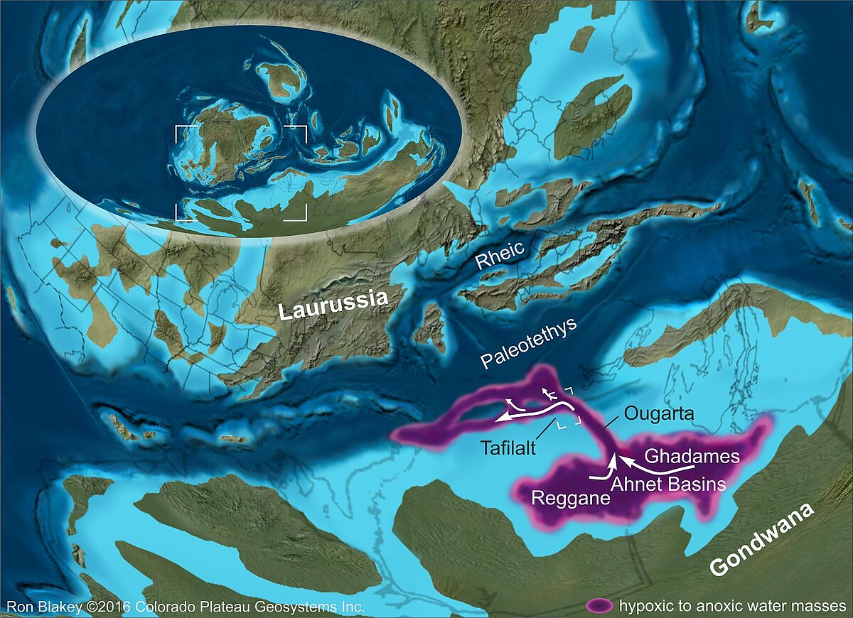 Paläogeographische Rekonstruktion des nordwestlichen Randes von Gondwana im späten Devon mit dem rekonstruierten Verlauf der Schelfwasser-Kaskaden und der Lage der Tafilalt-Region in Marokko.