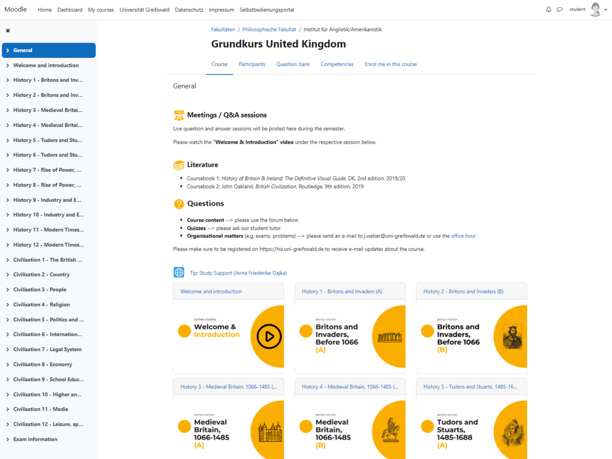 Screenshot der Moodle-Kurs Startseite "Grundkurs United Kingdom"