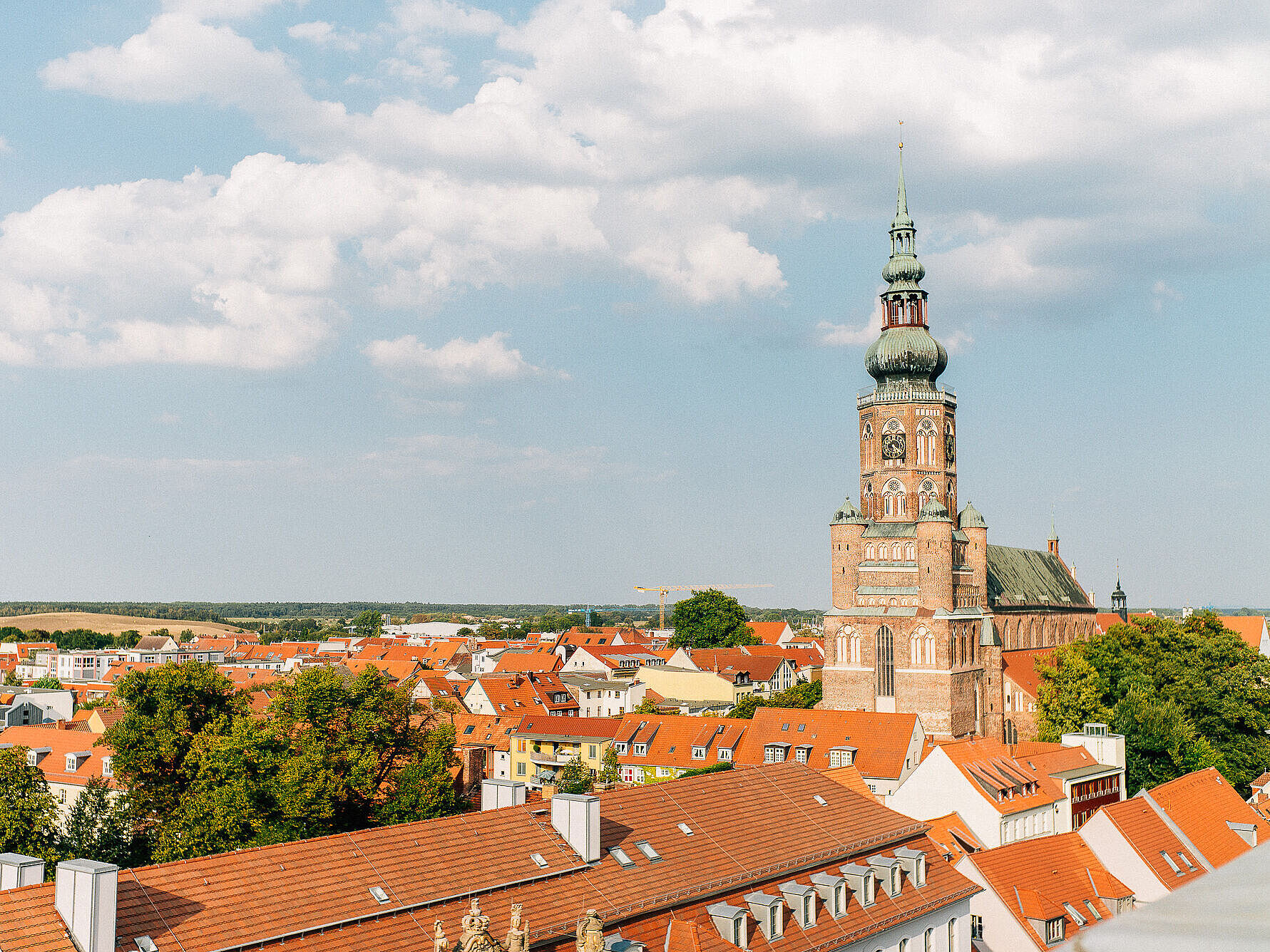 Blick über Greifswalds rote Ziegeldächer der Innenstadt; mittig sichtbar der Dom St. Nikolai mit seinem hohen Turm.