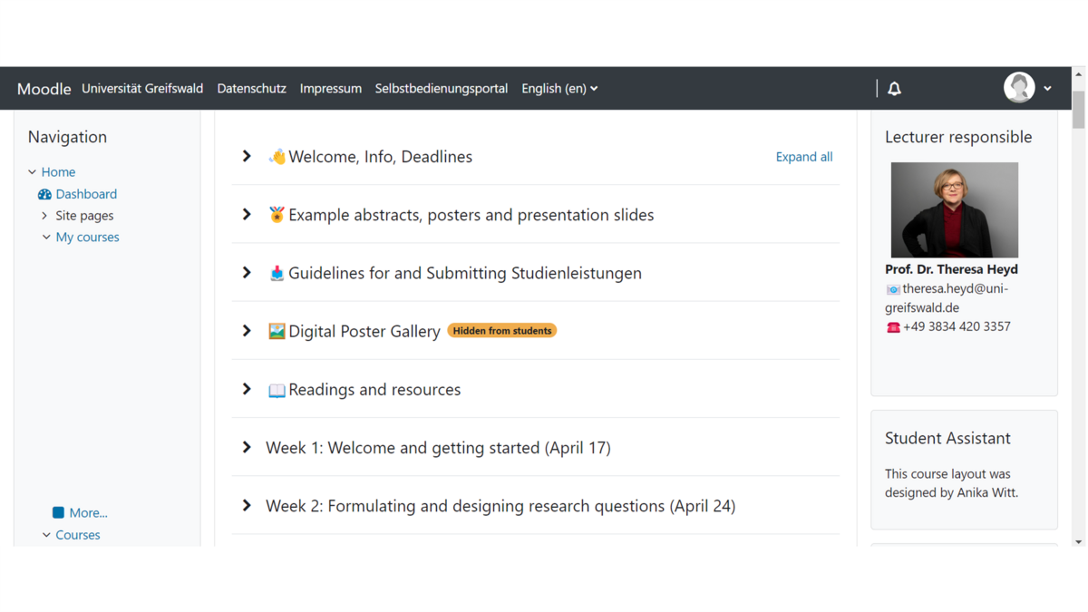 Moodle-Kurs Startseite "Topics in Linguistics: Research Methods"