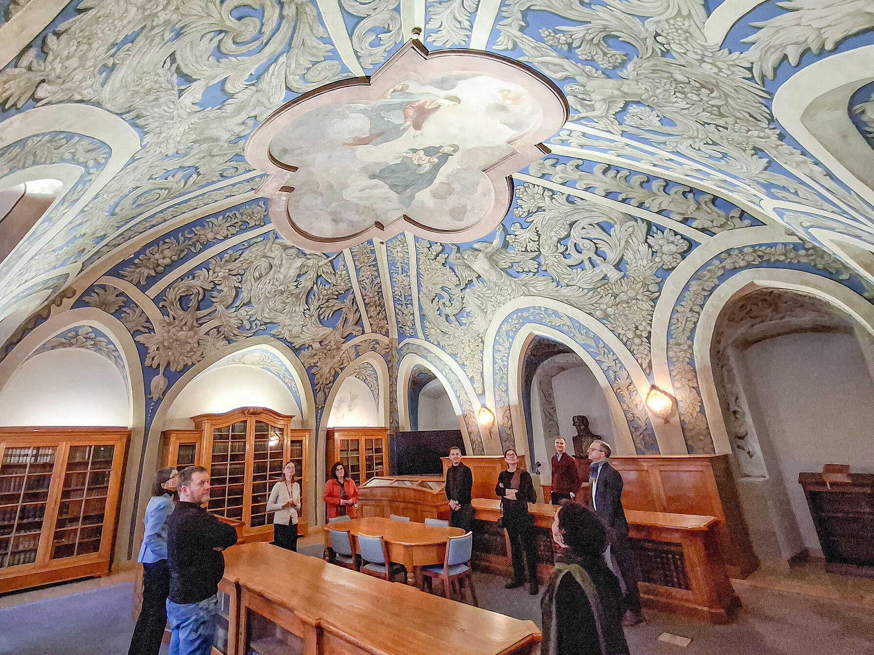 The members of the delegation visiting one of the university buildings on their trip.