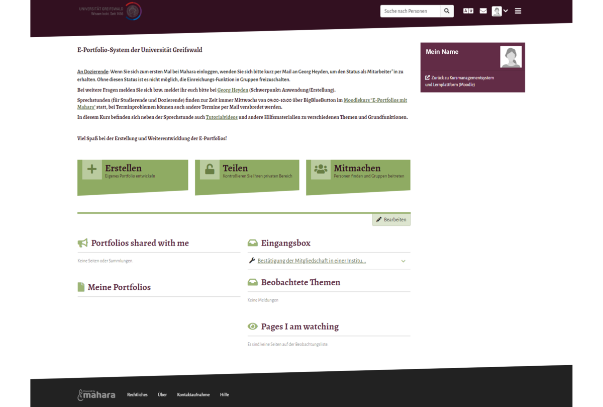 Screenshot of the Mahara homepage 