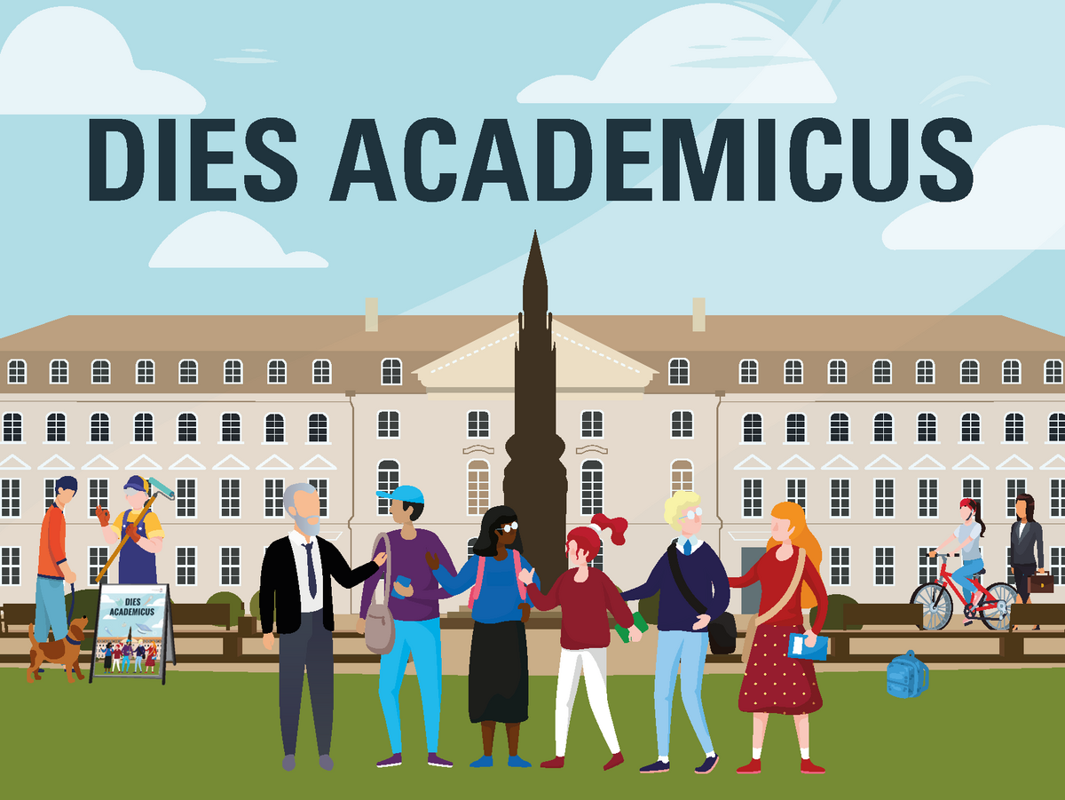 The illustration depicts several persons in front of the University Main Building.
